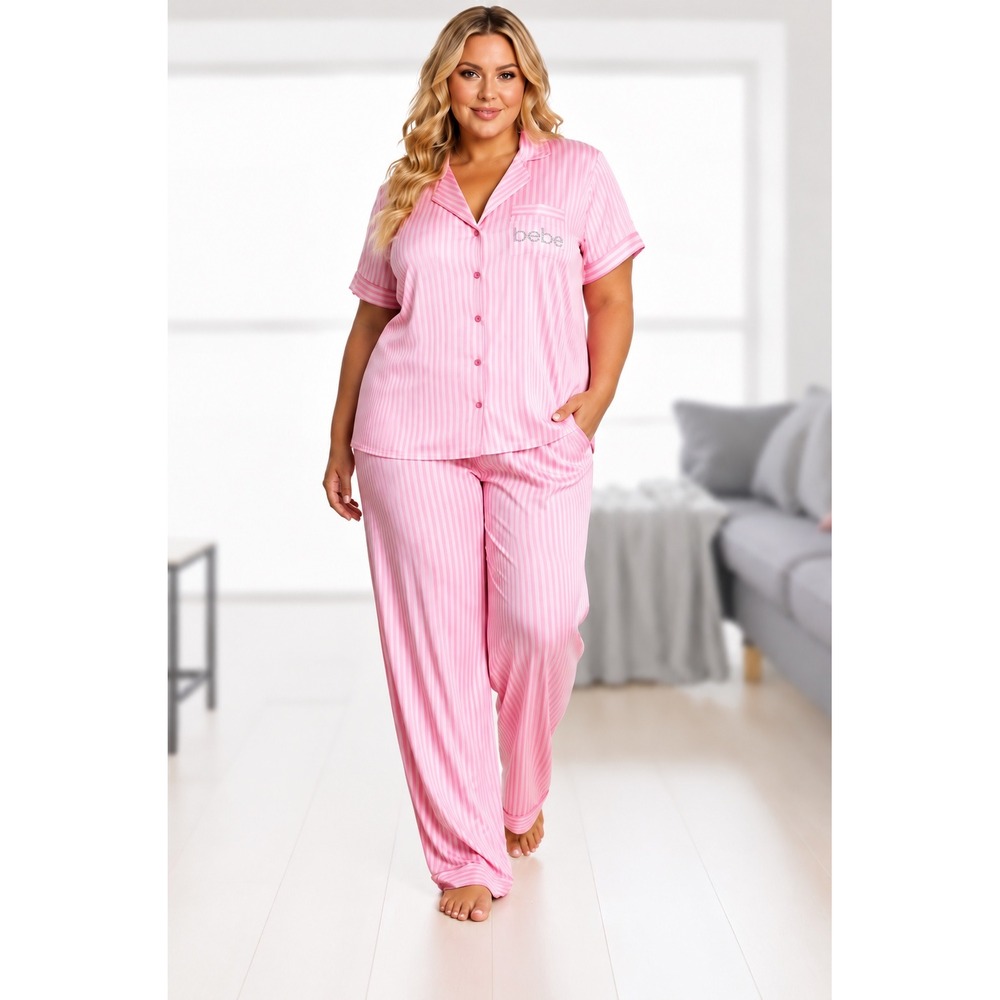 Bebe‎ Designer Silky Satin Pajama Set Size 2X w/Rhinestone BeBe Logo on Pocket